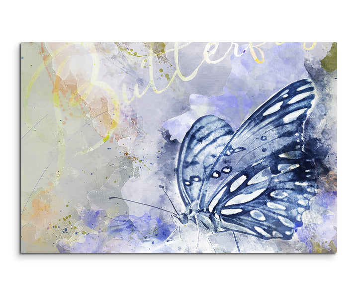 Paul Sinus Art Bild Leinwand 120x80cm Eleganter Schmetterling in Blautönen mit Kalligraphie, 120x80c