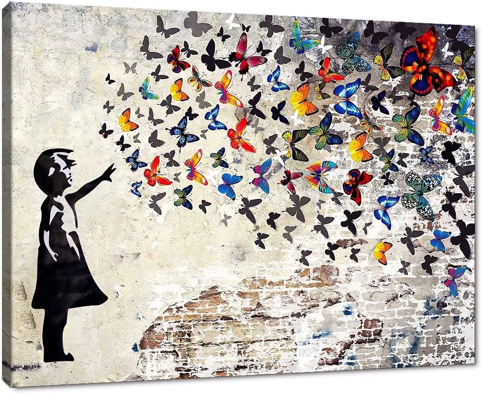 Graffiti-Strassen-Wandkunst, Banksy-Gemälde, Kunstwerk, gross, gerahmt, Graffiti-Mädchen mit Schmett