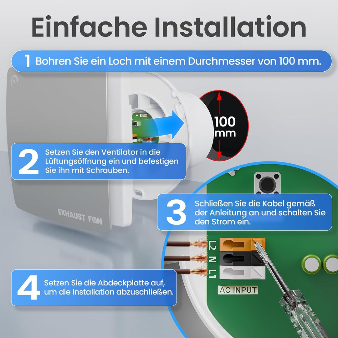 100mm Badlüfter mit Nachlauf Leiser IPX4 - Silber Silber mit Timer-Silber, Silber mit Timer-Silber