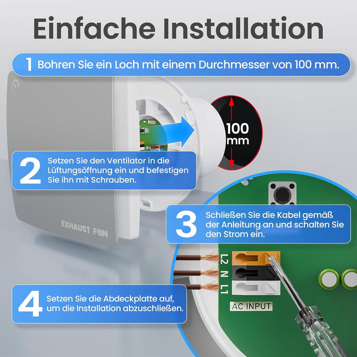 100mm Badlüfter mit Nachlauf Leiser IPX4 - Silber Silber mit Timer-Silber, Silber mit Timer-Silber