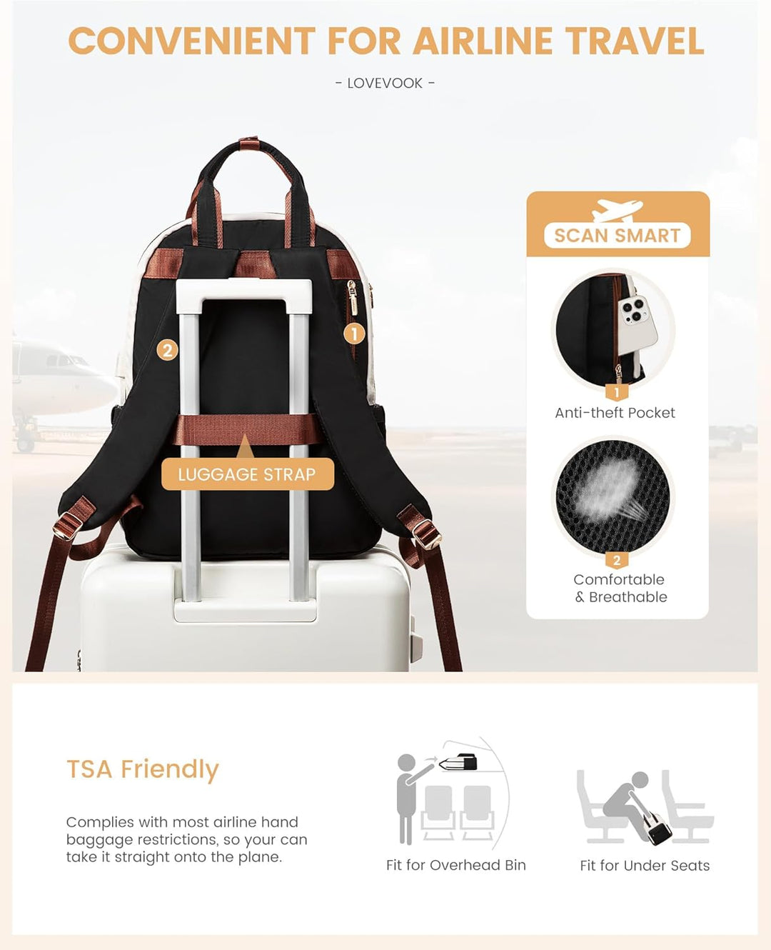 LOVEVOOK Rucksack Damen, 15,6 Zoll Laptop Schultasche Mädchen mit Laptopfach, Wasserdicht Reiserucks