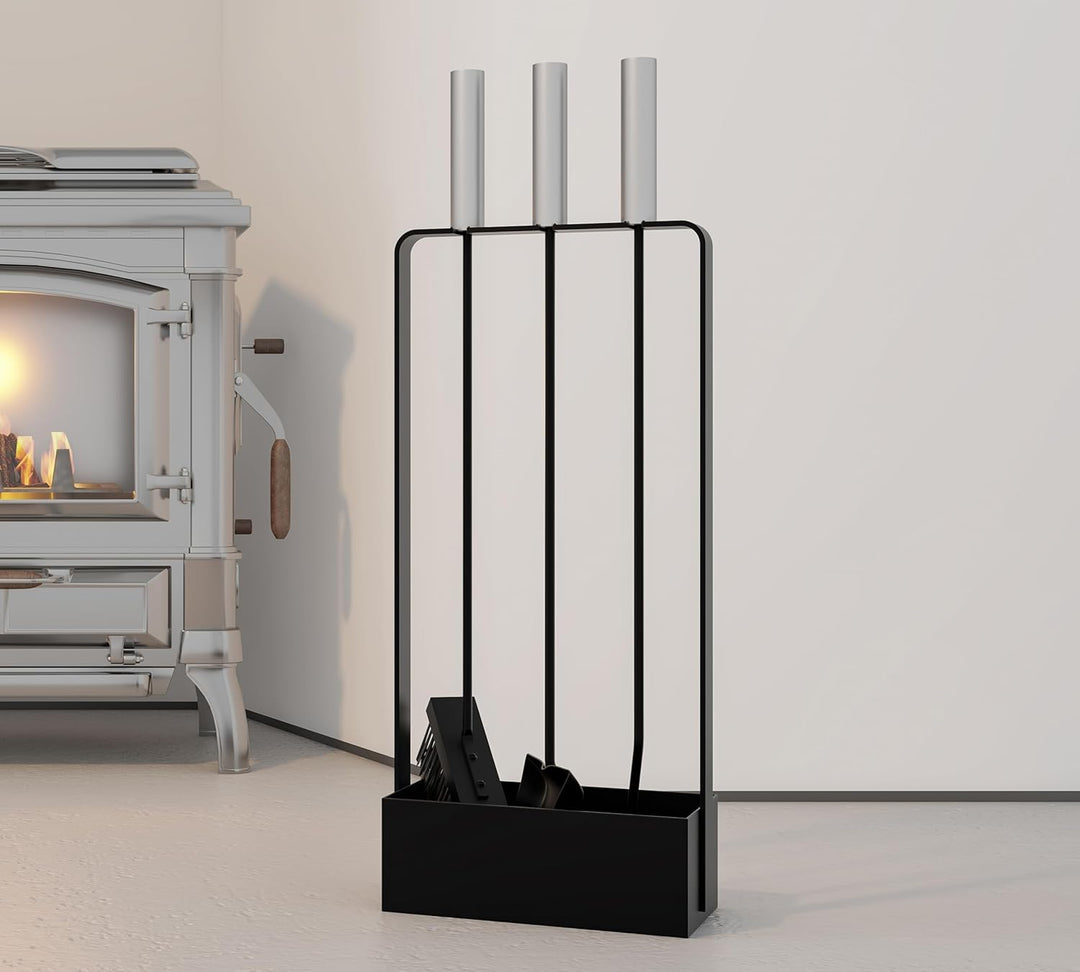 Kingson Kaminbesteck mit Edelstahlgriffen - 3 Werkzeuge - 53cm - schwarz pulverbeschichtet Ständer