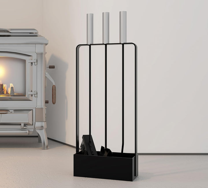 Kingson Kaminbesteck mit Edelstahlgriffen - 3 Werkzeuge - 53cm - schwarz pulverbeschichtet Ständer