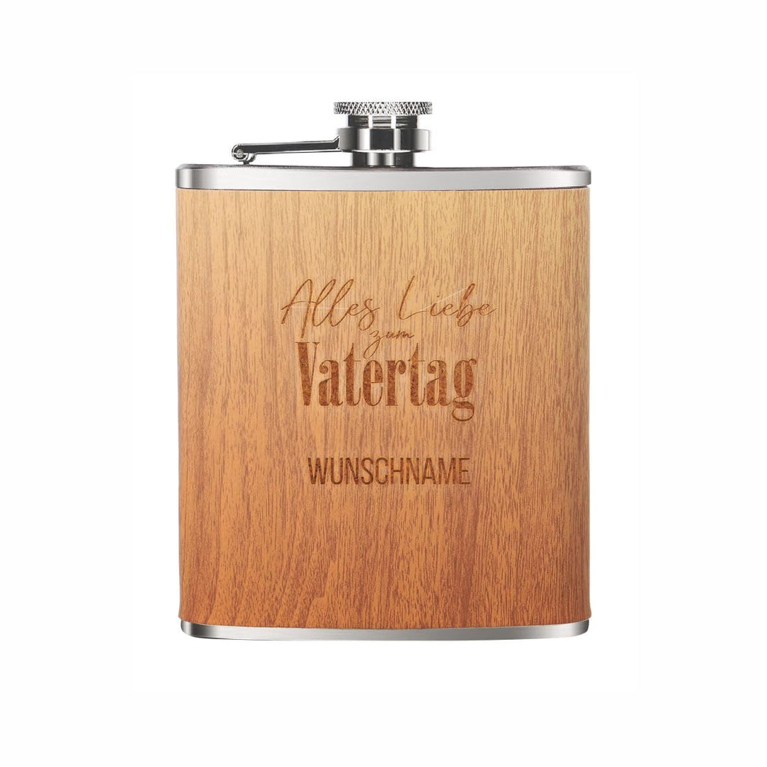 Personalisierter Flachmann mit Gravur - 207 ml Edelstahl-Flachmann in Holzoptik – Geschenk für Männe