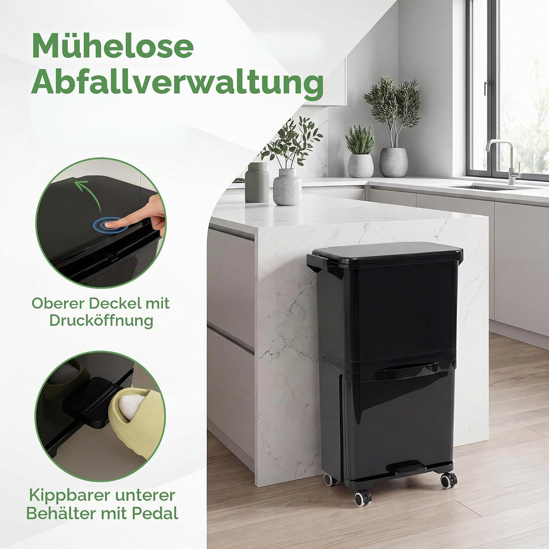 LIFEZEAL 36L Abfalleimer Küche, Mülleimer auf Rädern mit 2 Ebenen, Abfallbehälter mit Pedal & neigba