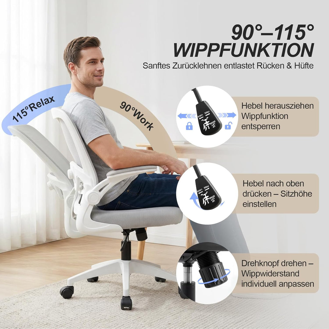 Bürostuhl Ergonomisch mit 4D Verstellbarer Lordosenstütze und Atmungsaktivem Mesh, Ergonomischer Sch
