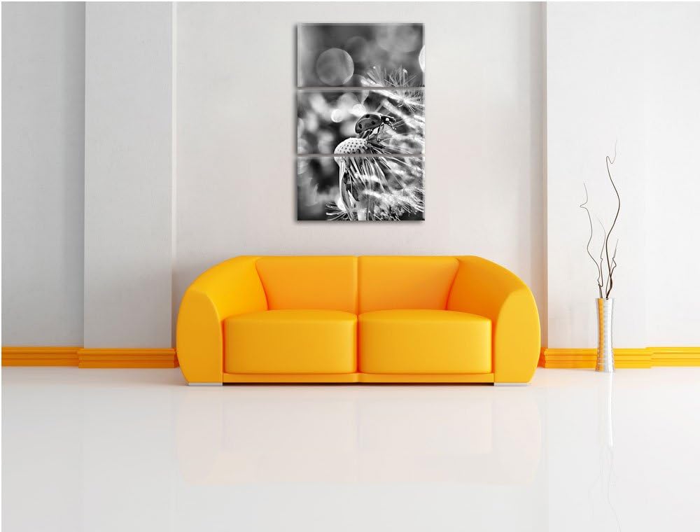 Pixxprint Monocrome, Marienkäfer auf Pusteblume als Leinwandbild 3 teilig/Grösse: 3 Teilig (120x80)