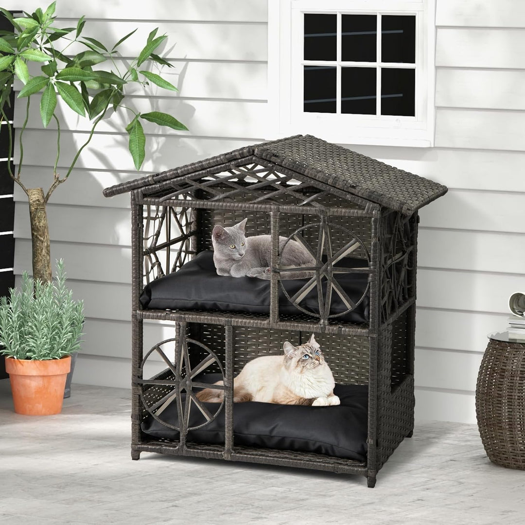 COSTWAY Katzenhaus Rattan, Katzenhütte Outdoor, mit Asphaltdach, abnehmbaren Kissens, Fenstern, Hund