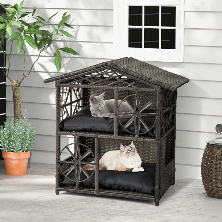 COSTWAY Katzenhaus Rattan, Katzenhütte Outdoor, mit Asphaltdach, abnehmbaren Kissens, Fenstern, Hund