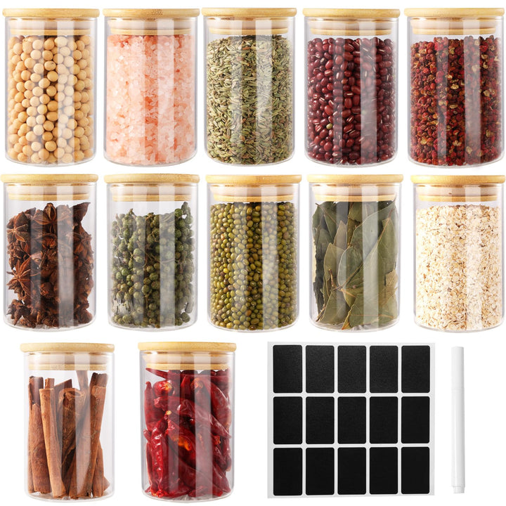12 Stück Gewürzgläser Set mit Bambus Deckel, 250ml Gewürzdosen Set Glas, Gewürzbehälter SpiceJars, G