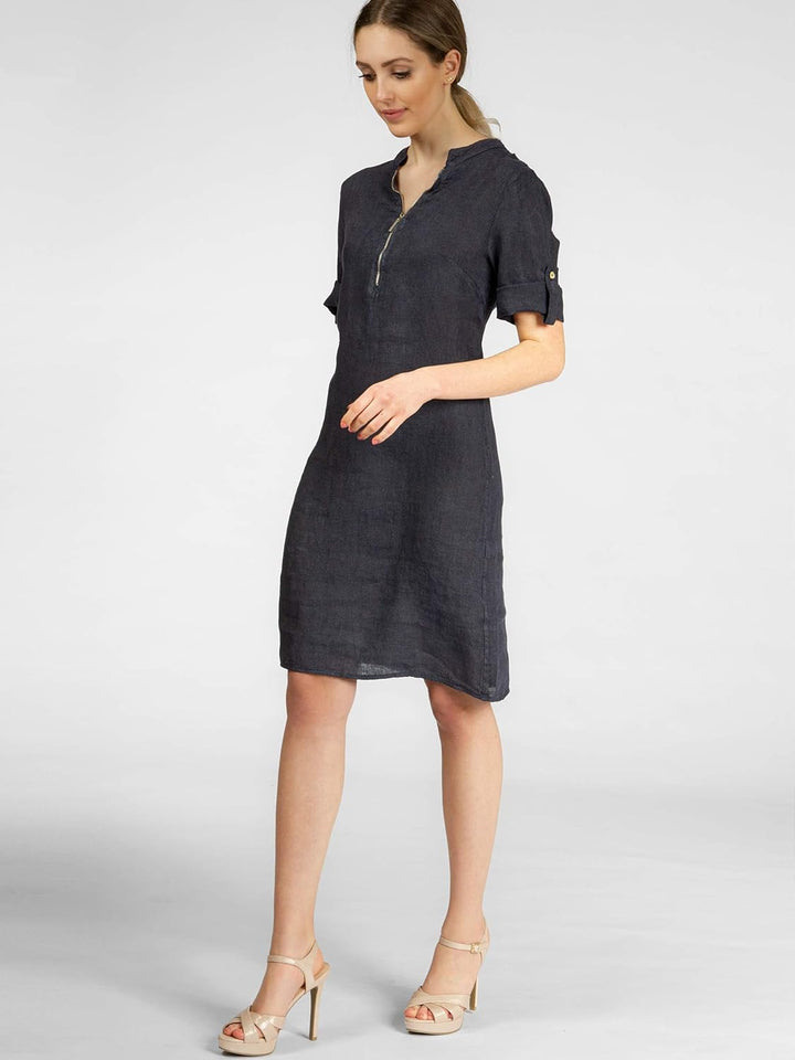 Caspar SKL037 stylisches knielanges Damen Sommer Leinenkleid mit Reissverschluss Ausschnitt 36 Dunke