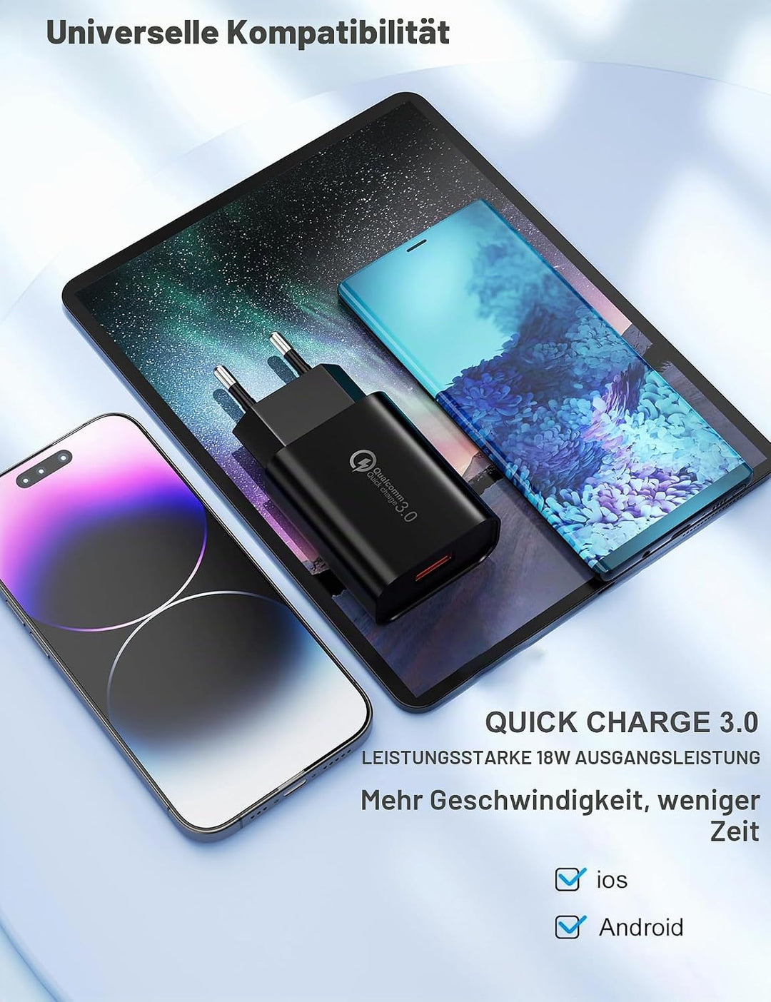 18W/3A USB Ladegerät Stecker Schnellladegerät Quick Charge 3.0 Ladeadapter Universal Netzteil für Sa