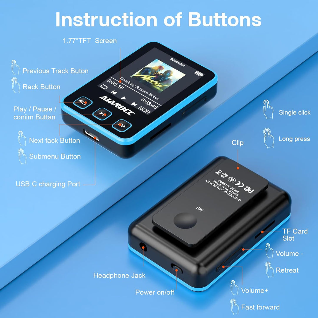 MP3 Player Bluetooth 5.3 mit Sport Clip und Sportarmband, mp3-player mit 1,77 Zoll TFT Farbbildschir