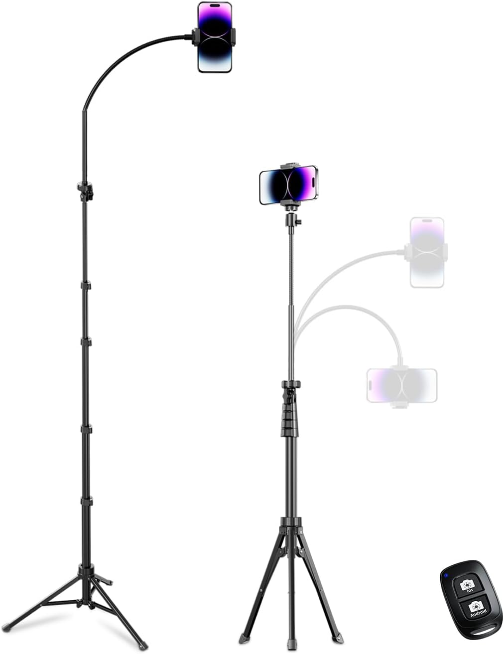 Aureday Handy Stativ Ständer 223cm Selfie Handy Stativ mit 38cm Flexibler Schlauch 360° Drehbarer, B