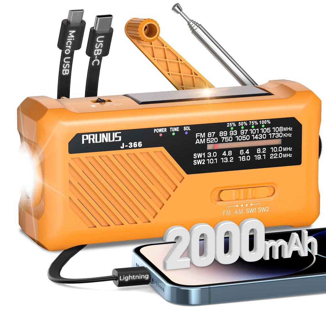 PRUNUS J-366 FM/AM/SW Kurbelradio Notfall Weltempfänger, Radio Batteriebetrieben oder 2000mAh Akku,
