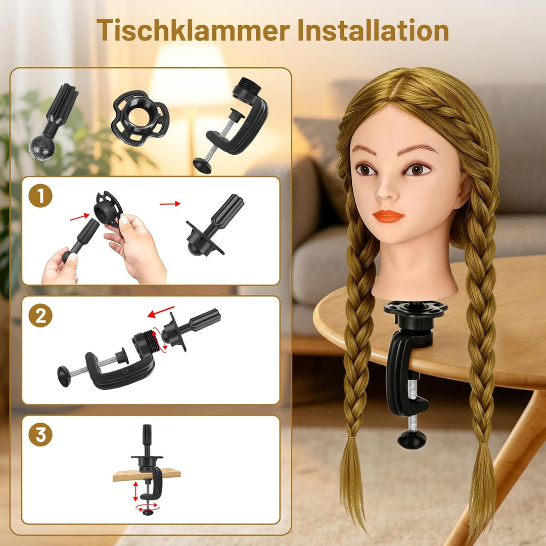 TwoWin Friseurkopf mit Haaren, 26 Zoll (66 cm) 80% Echthaar Mannequin Kopf, Trainingskopf für Stylin