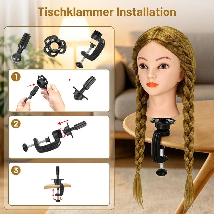 TwoWin Friseurkopf mit Haaren, 26 Zoll (66 cm) 80% Echthaar Mannequin Kopf, Trainingskopf für Stylin
