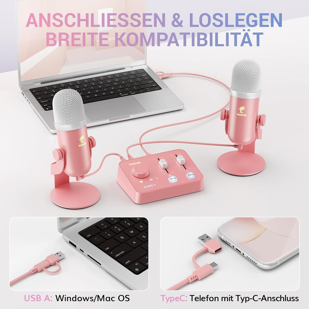 TONOR Podcast Mikrofon Set mit Audio Interface, ASMR Mikrofon, 2 Kondensatormikrofone, Audio Mixer,