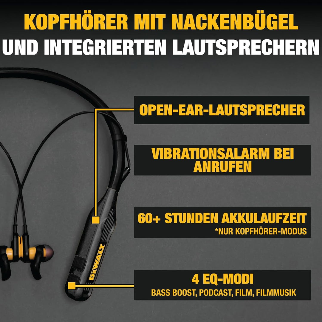 DEWALT Heavy Duty Black Edition 2-in-1 Bluetooth Nackenbügel-Kopfhörer mit Lautsprecher, kabelloses