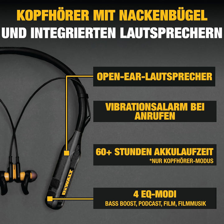 DEWALT Heavy Duty Black Edition 2-in-1 Bluetooth Nackenbügel-Kopfhörer mit Lautsprecher, kabelloses
