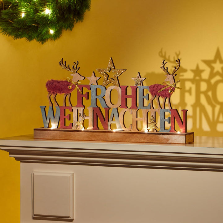 com-four® LED Deko Aufsteller aus Holz - beleuchteter Schriftzug auf Holzsockel - Deko-Schriftzug zu