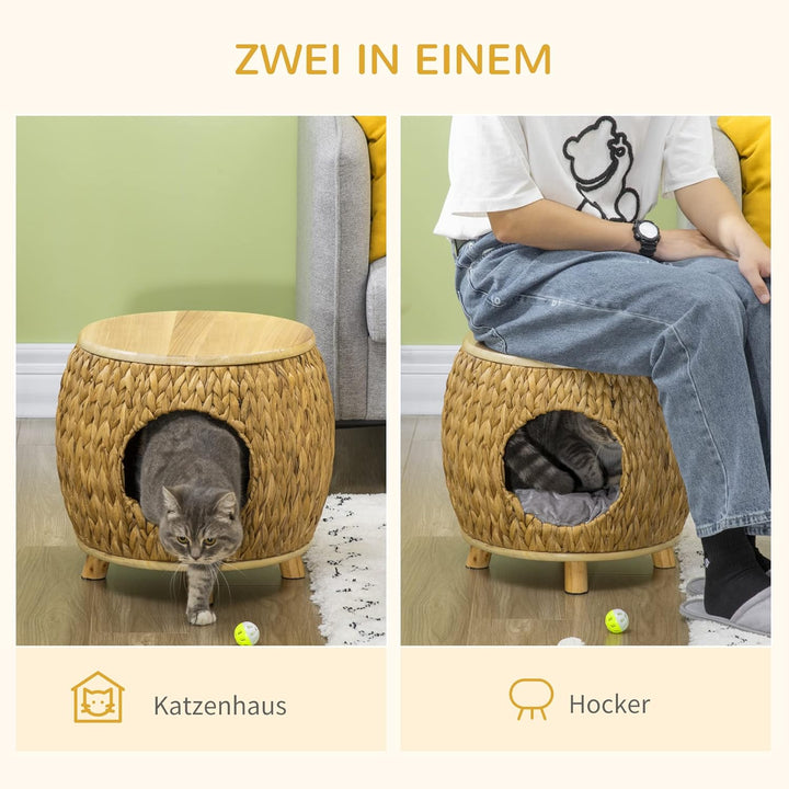 PawHut Rattan Katzenhöhle Katzenbett mit Kissen Katzenhaus Katzenzelt Haustierhaus Hellbraun+Grau 44