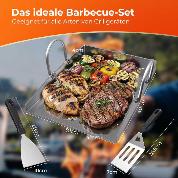 Plancha Grillplatte 40 x 30 cm, 4mm Edelstahl Platte hitzebeständig &amp; verformungsfrei, mit Grillspac