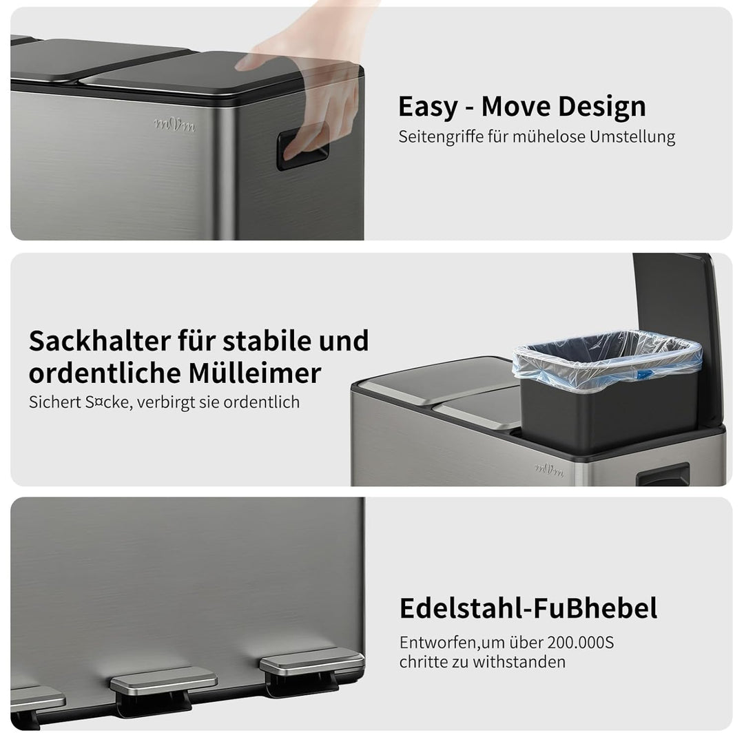 mVm Mülleimer Küche,45 Liter Treteimer,3 x 15 Liter Treteimer, 3 Fächer, Mülltrennsystem, Abfalleime