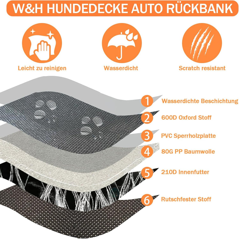 W&H Hundedecke Auto Rückbank, Universal Hundesitzbezug für Auto Rückbank mit Sicherheitsgurten, wass