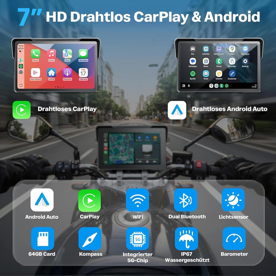 WonVon Motorrad CarPlay Android Auto 7 Zoll wasserdichtes GPS Pantalla para Moto Apple CarPlay Navig