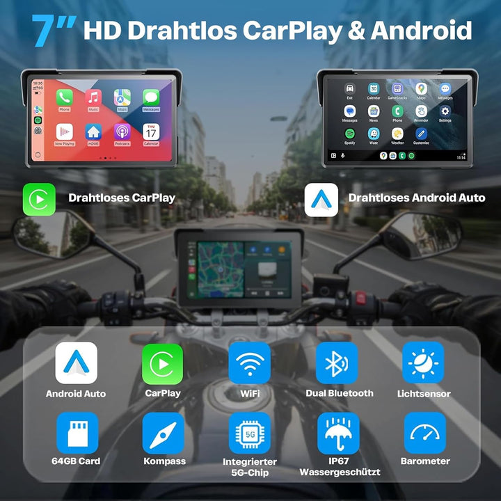 WonVon Motorrad CarPlay Android Auto 7 Zoll wasserdichtes GPS Pantalla para Moto Apple CarPlay Navig