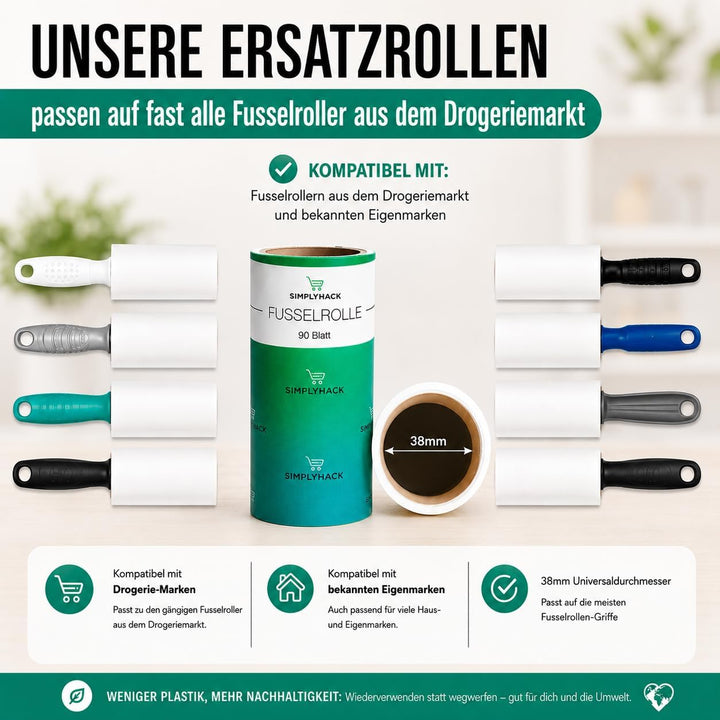 SIMPLYHACK - Fusselrolle - [8er] Set - 720 Blatt - Ersatzrollen für gängige Fusselrollen - hohe Kleb