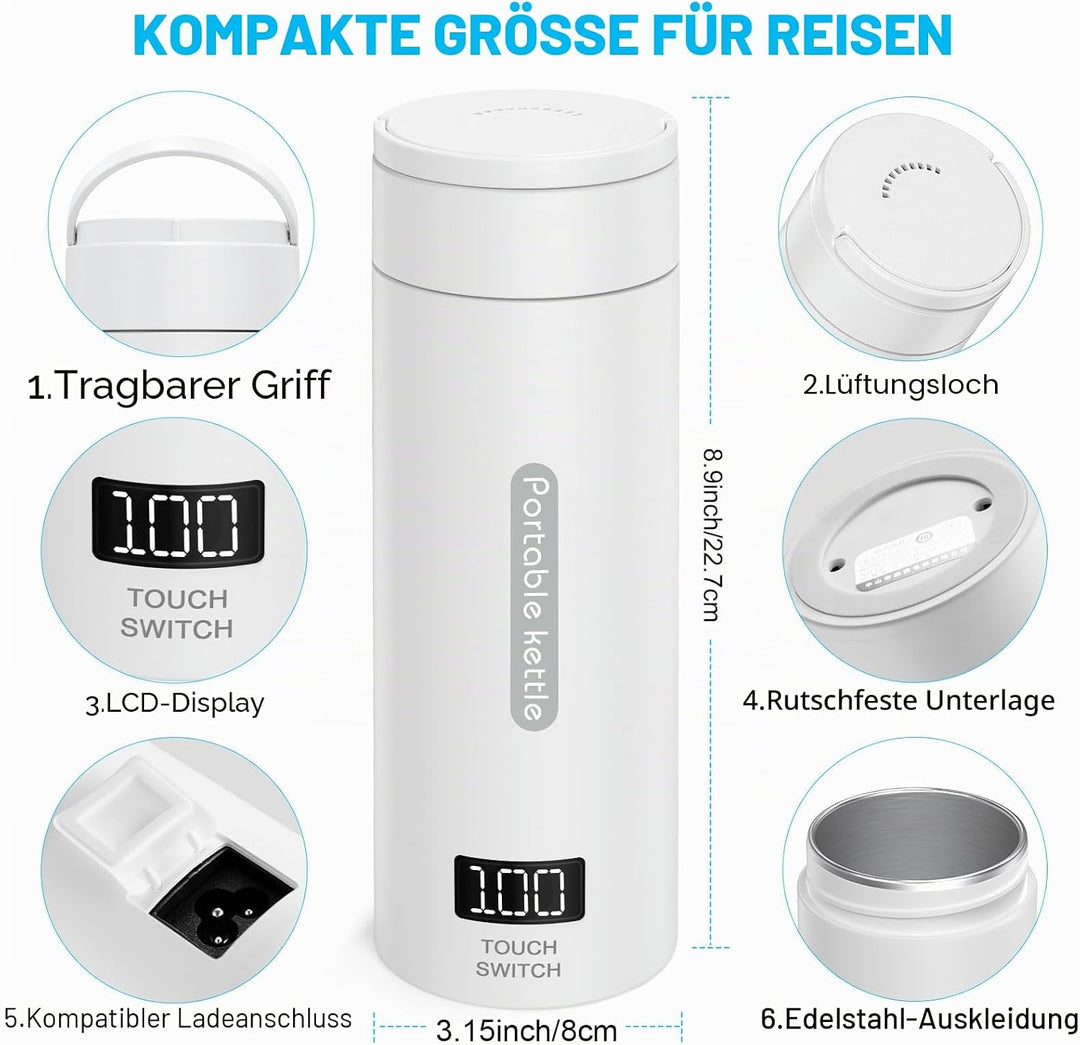 Flintronic Reise Elektrisch Wasserkocher, 380ML Mini Electric Kettle, 220 V/ 300W Thermoskanne, 304