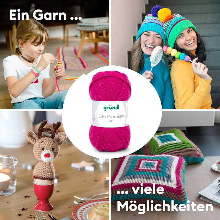 Gründl Wolle Lisa Premium Uni Fuchsia - 10 x 50g - Strickgarn - Häkelgarn - 100% Polyacryl - Superwe