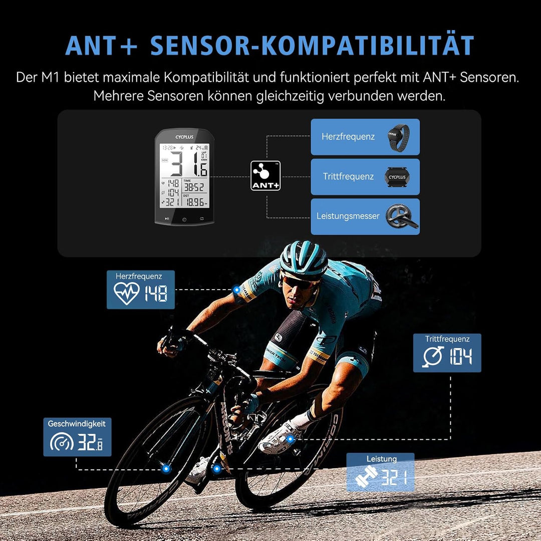 CYCPLUS GPS Fahrradcomputer Kabellos, wasserdichte Fahrrad Tachometer und Kilometerzähler, ANT+ Drah