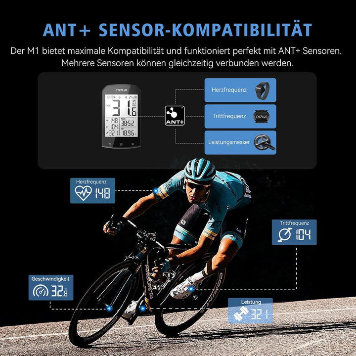 CYCPLUS GPS Fahrradcomputer Kabellos, wasserdichte Fahrrad Tachometer und Kilometerzähler, ANT+ Drah