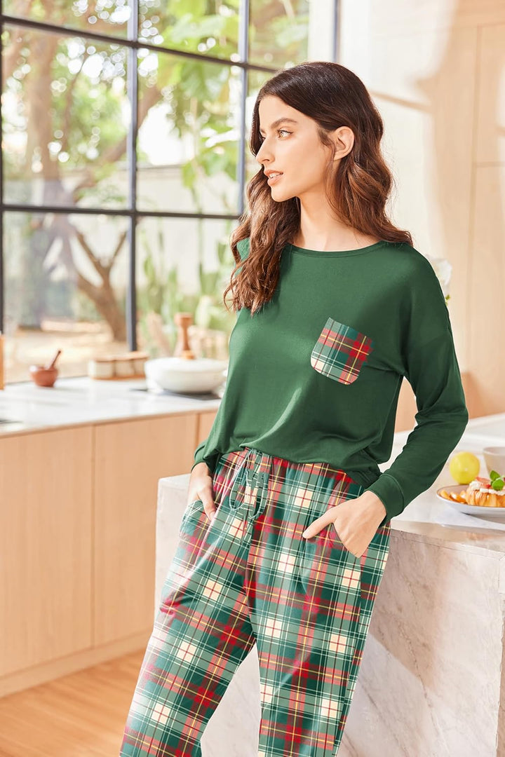 Ekouaer Schlafanzug Damen Lang Zweiteiler Pyjama Langarm Warm Pyjama Set Weich Nachtwäsche Kariert,