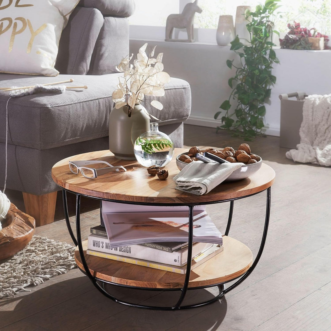 FineBuy Couchtisch 60x34,5x60 cm Akazie Massivholz/Metall Sofatisch | Design Wohnzimmertisch Rund |