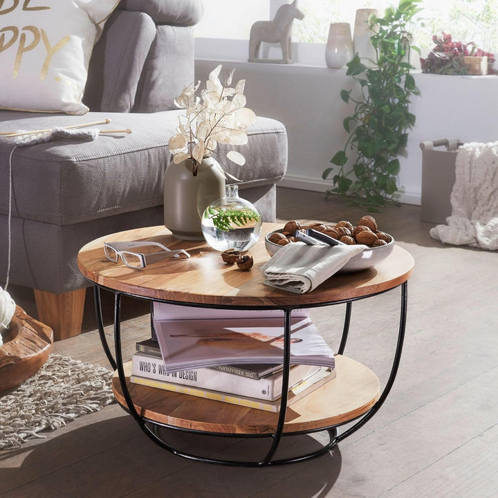FineBuy Couchtisch 60x34,5x60 cm Akazie Massivholz/Metall Sofatisch | Design Wohnzimmertisch Rund |
