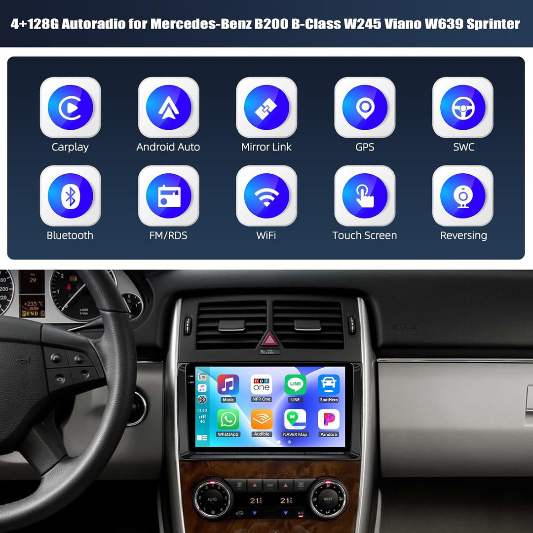 CAMECHO 4+128G Android 15 Autoradio für Mercedes-Benz B200 B-Class W245 Viano W639 Sprinter, 9 Zoll