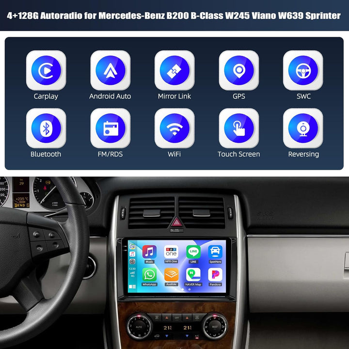 CAMECHO 4+128G Android 15 Autoradio für Mercedes-Benz B200 B-Class W245 Viano W639 Sprinter, 9 Zoll