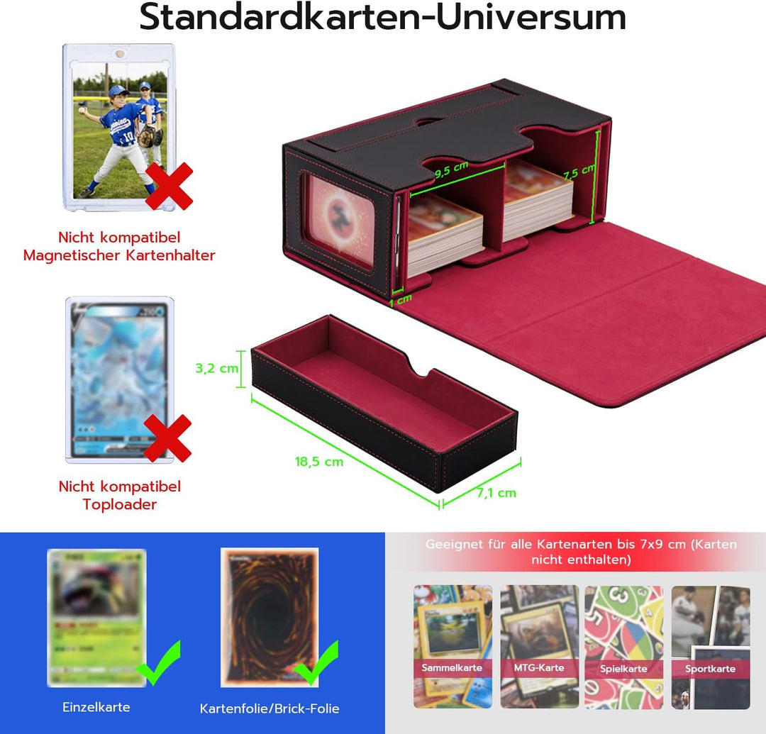 Doppelschicht Card Deck Box für MTG，Gathering Kartenbox mit Schaufenster und Würfelfach PU Leder Sta