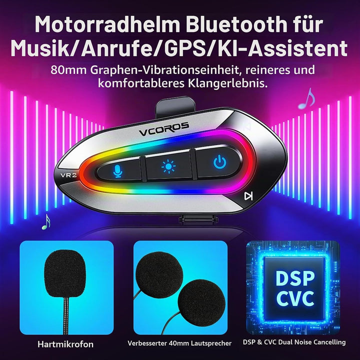 Motorrad Headset,VR2 Motorrad Bluetooth Headset,RGB Schillernde Lichter,DSP&amp;CVC Doppelte Geräuschunt