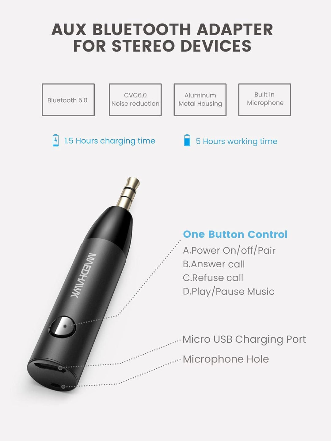 3.5mm Bluetooth Aux Adapter für Das Auto - Maedhawk Stilvoller Bluetooth 5.0 Empfänger mit Noise Can