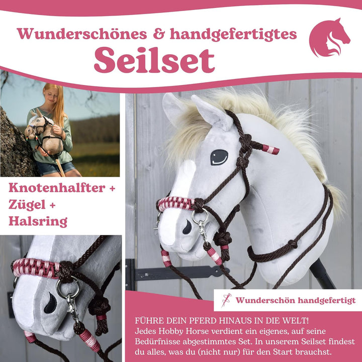 LarDen Hobby Horse Zubehör SeilSet - Halfter mit Zügel & Halsring für Steckenpferd - Braun, Rot - St