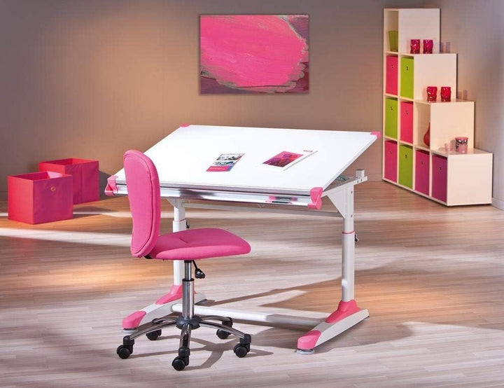 Schreibtisch mit höhenverstellbarer Kippplatte und Ablagefach aus MDF und Metall Weiss, Pink, Grün S