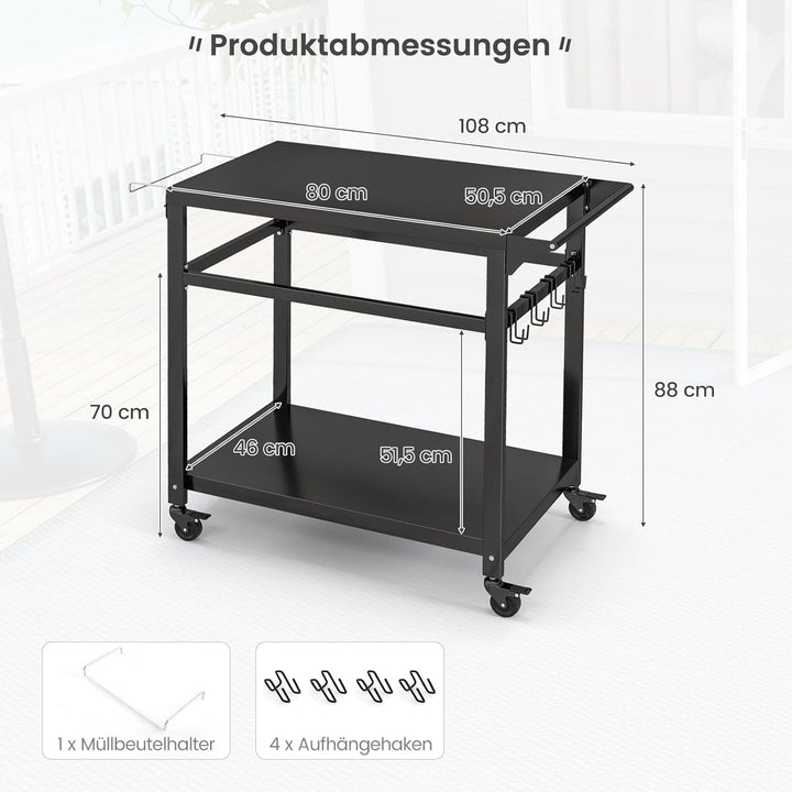 COSTWAY Grillwagen Grilltisch Outdoor, Pizzatisch mit 2 Ablagen & 4 Rollen & Haken, Grill Beistellti