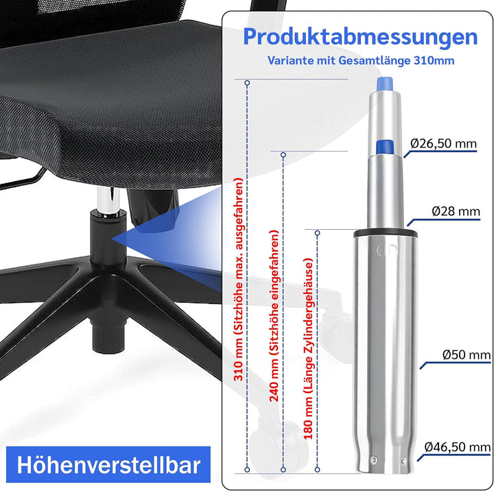 Bemacom Gasdruckfeder für Bürostuhl bis 200kg Belastbarkeit, Länge 310mm Chrom Ersatz Gasdruckfeder