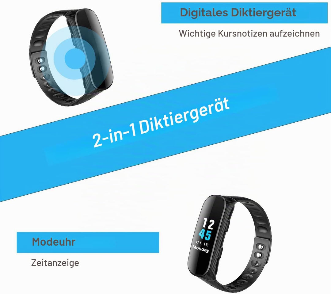 Sprachrecorder Armband 16 GB Professioneller Sprachrecorder mit Sprachaktivierung und MP3-Player Uhr