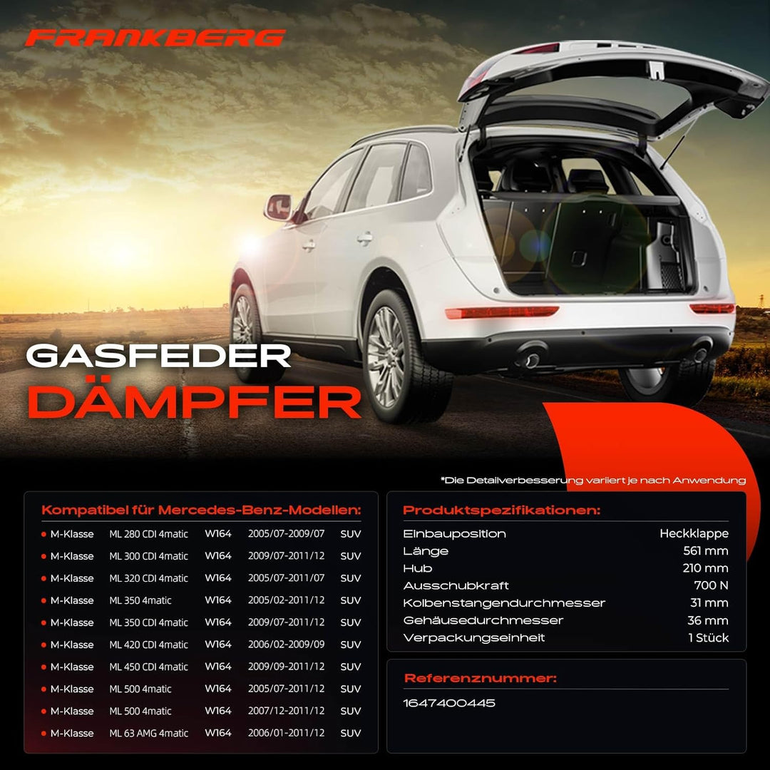 Frankberg 1x Gasfeder Dämpfer Heckklappe Rechts Kompatibel mit W164 ML280 ML300 ML320 ML350 ML420 ML